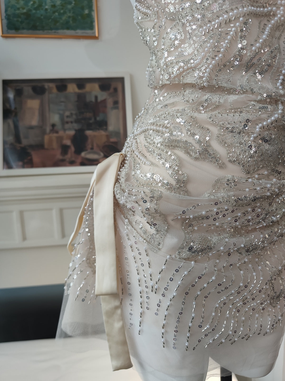 Ivory Sheer Mesh Beaded A-Line Mini Dress