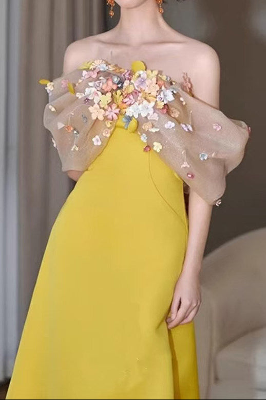 Bright Yellow Satin Strapless Maxi Gown With 3D Colorful Floral Tulle Bust