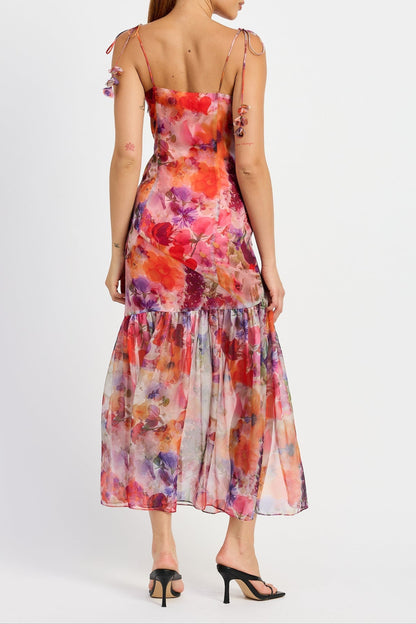 Red Multi Floral Tie Strap Midi Dress