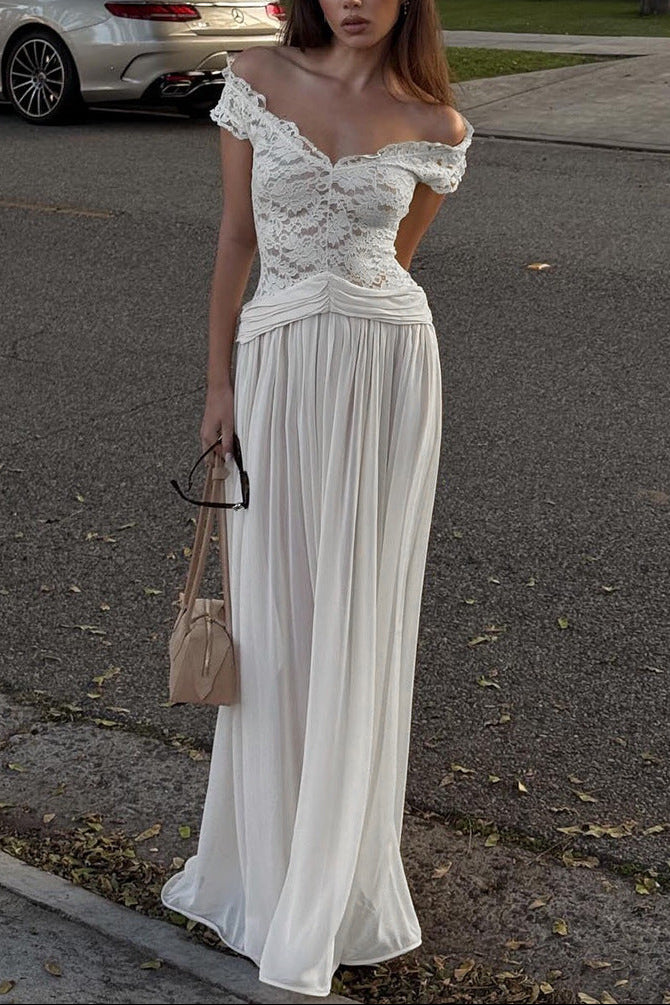 New winter style sheer V-neck lace-trimmed maxi dress