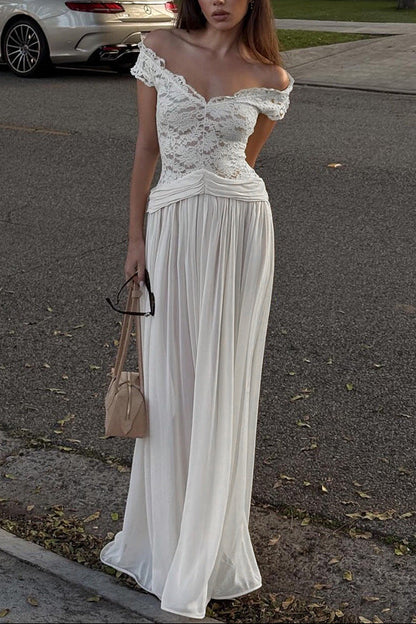 New winter style sheer V-neck lace-trimmed maxi dress
