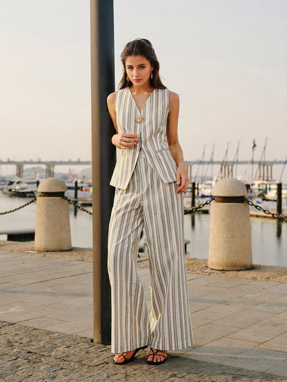 Green White Stripe Linen Sleeveless V-Neck Vest & Wide Leg Pants Two-Piece Set