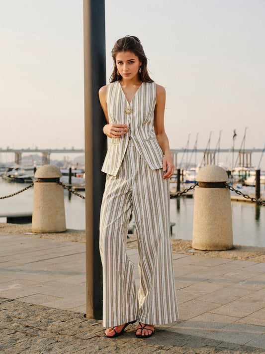 Green White Stripe Linen Sleeveless V-Neck Vest & Wide Leg Pants Two-Piece Set