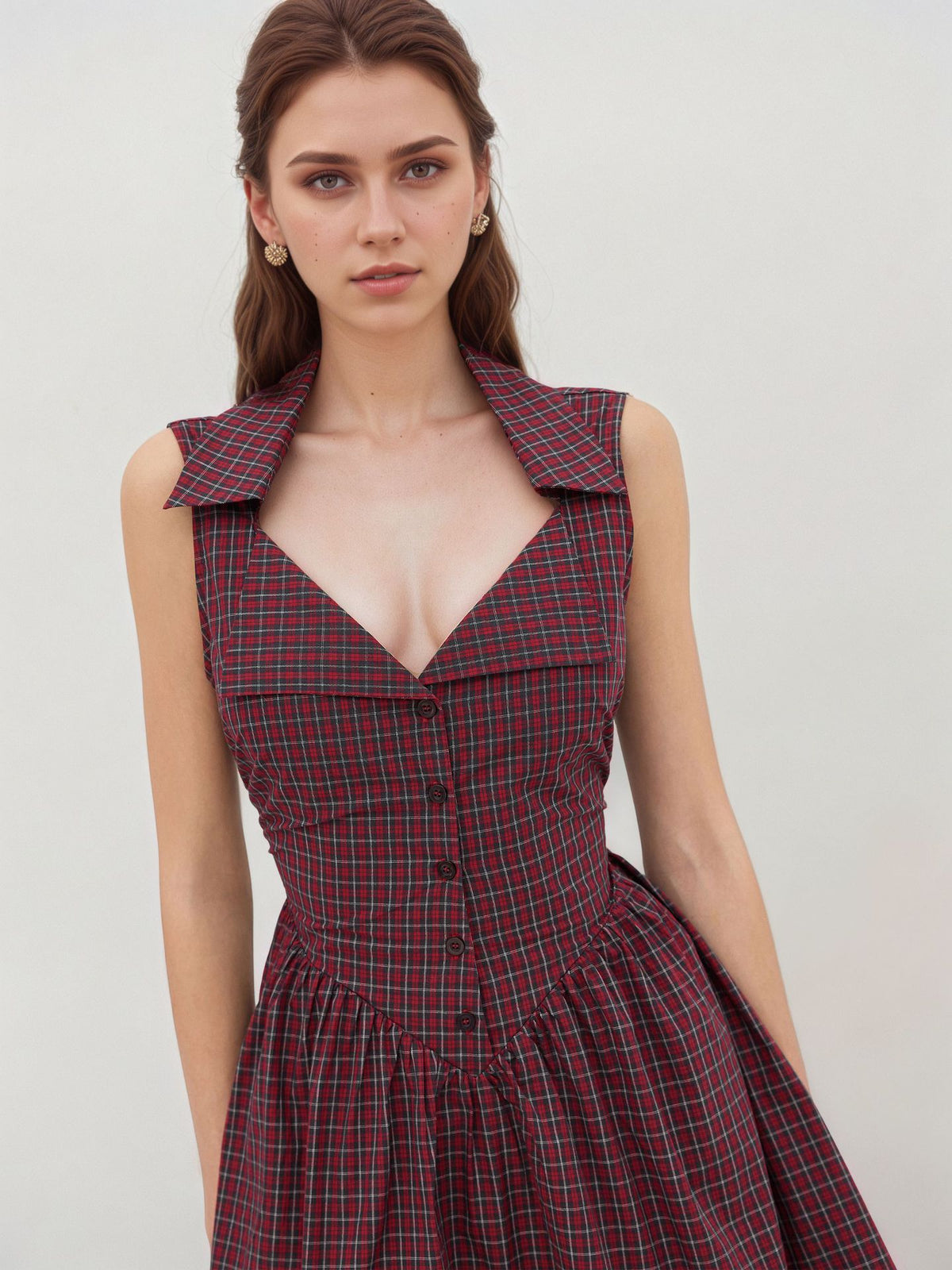 Red Plaid Sleeveless Lapel V Neck Button Front Fit And Flare Mini Dress Summer Retro Dress