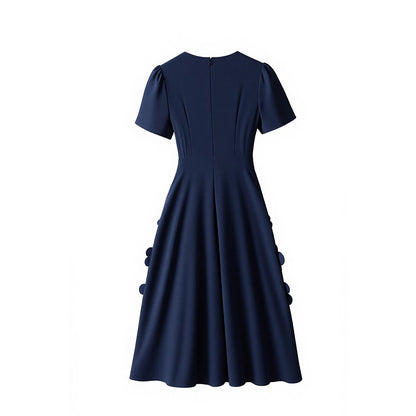 katherine 3d flower appliqué midi dress in navy blue