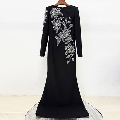 monica rhinestone Orchid Floral-Embellished Maxi Dress in black