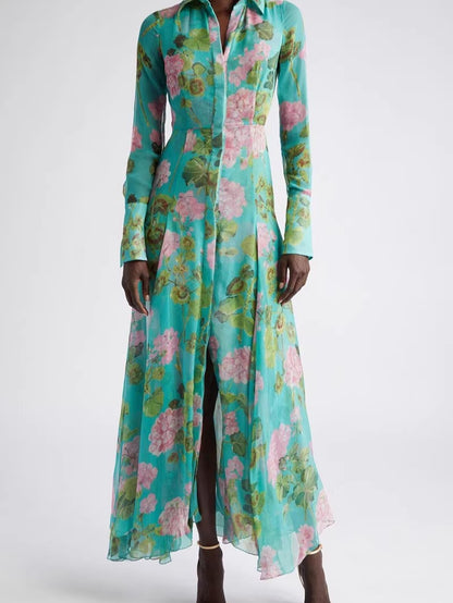 Green Printed Single Breasted dress