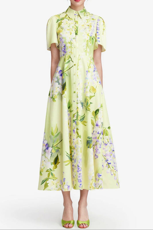 polo neck short-sleeved floral satin lemon yellow A-line dress