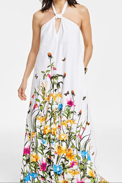 White Floral & Butterfly Print Halter Neck Maxi Dress