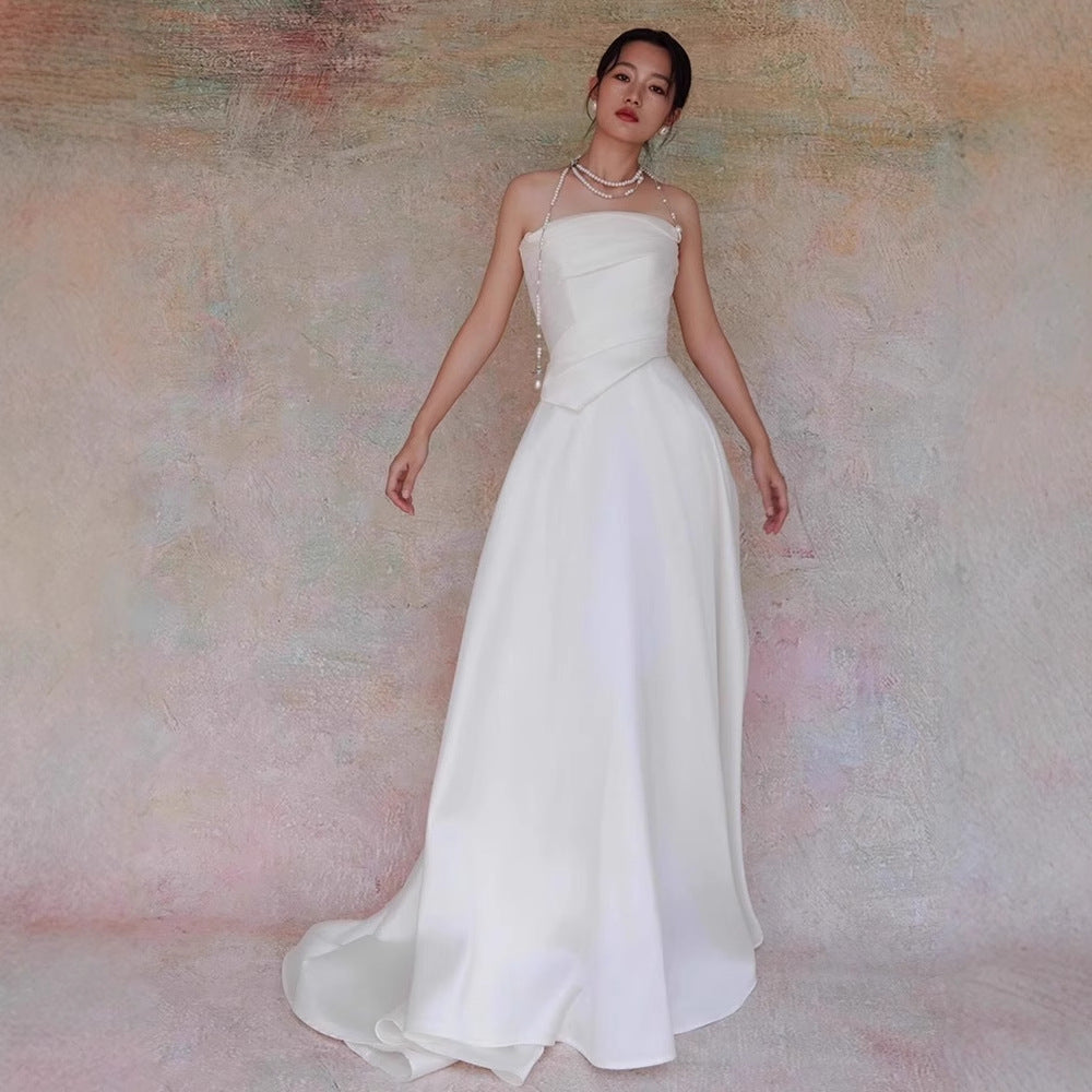 Lydia White French Satin Strapless maxi Train Welcome Gown