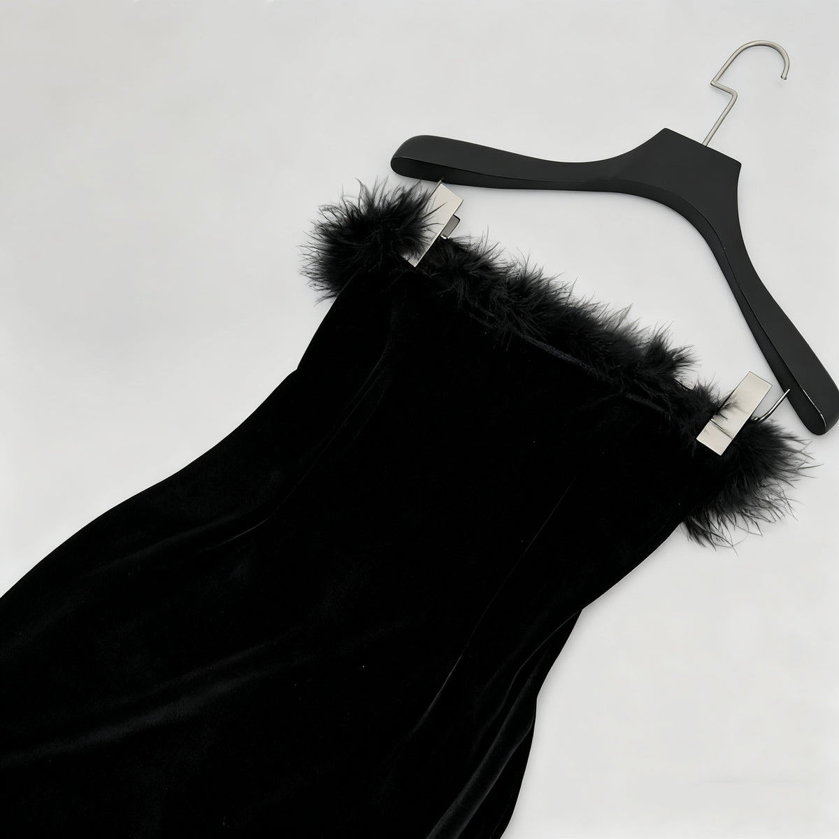 samantha feather velvet strapless mini dress in black