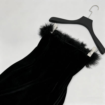 samantha feather velvet strapless mini dress in black