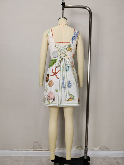 White Marine Life Print Square Wide Strap Sleeveless Mini Dress