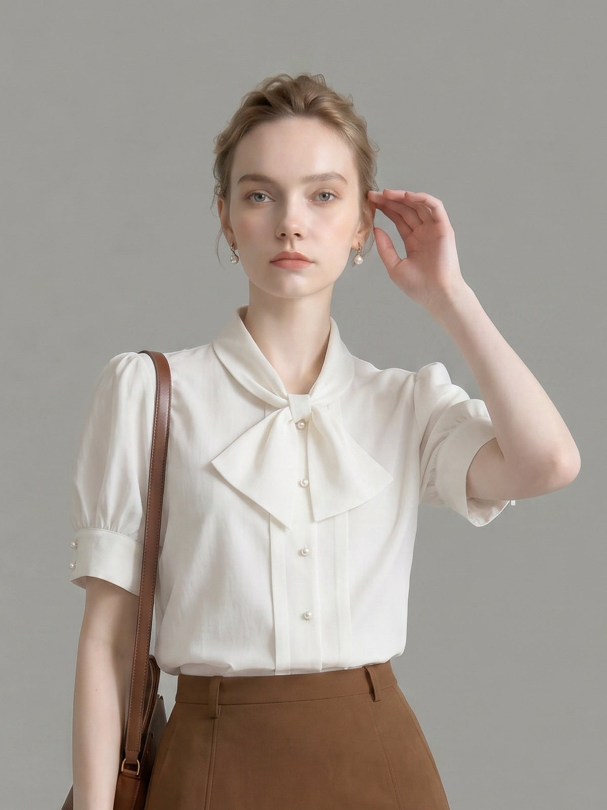 Bow Tie Neck Pearl Button Puff Short Sleeve Satin Blouse