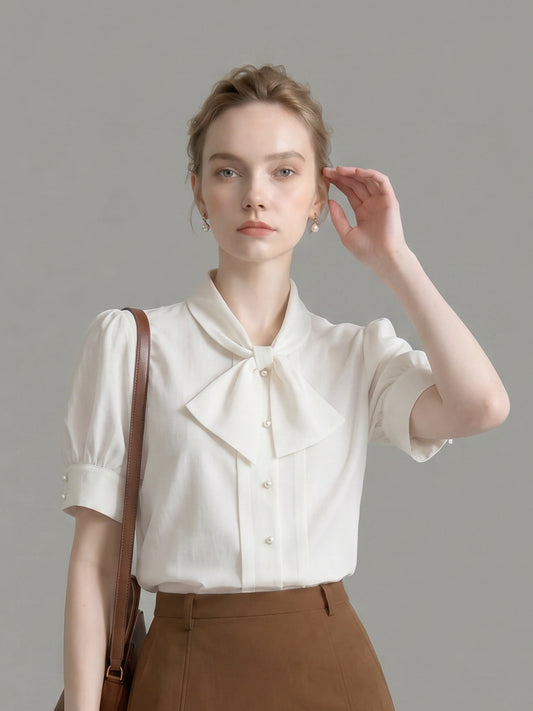 Bow Tie Neck Pearl Button Puff Short Sleeve Satin Blouse