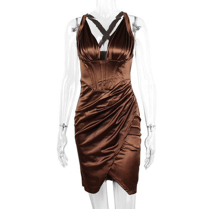 SATIN CORSET MINI DRESS IN CHOCOLATE