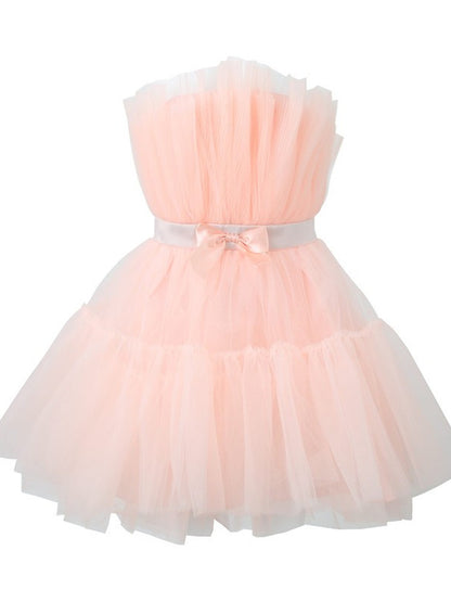 Frederica Bow-Accent Waist-Cinched Strapless Dress - Pink