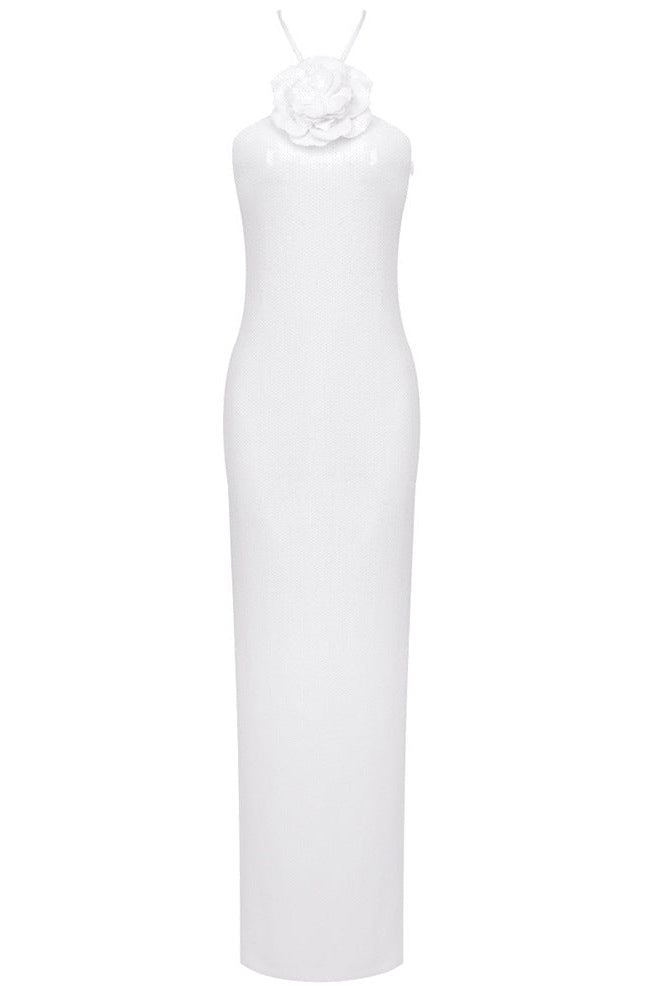 White Sequined Mesh Column Dress with Flower Embellishment