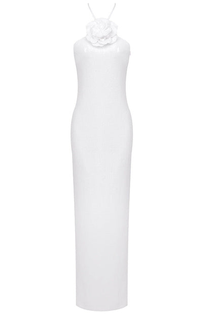 White Sequined Mesh Column Dress with Flower Embellishment