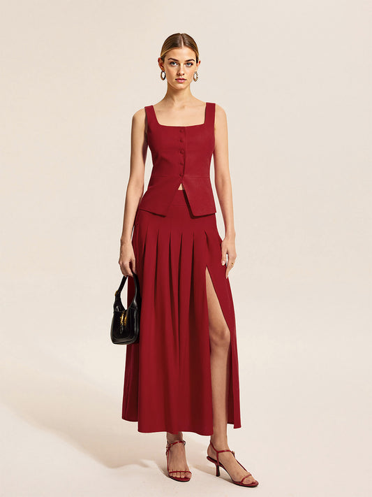 Burgundy Square Neck Sleeveless Button Vest &amp; Slit Pleated Midi Skirt Two-Piece Set