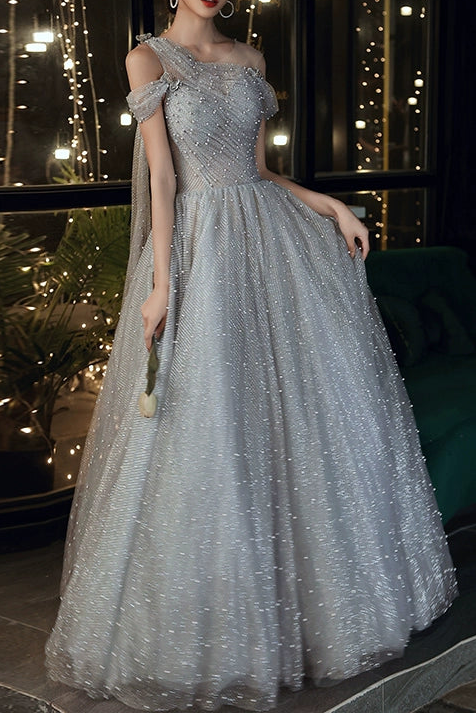Dusty Blue one-shoulder pearl maxi evening dress
