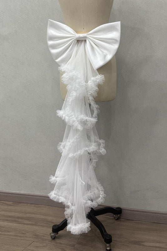 White Satin Giant Bow Tiered Ruffle Tulle Long Bridal Sash
