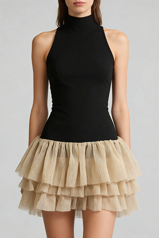 cynthia black ruched trim sleeveless puffy mini dress