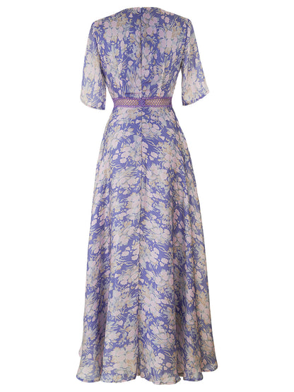 purple floral printed V-neck maxi dress