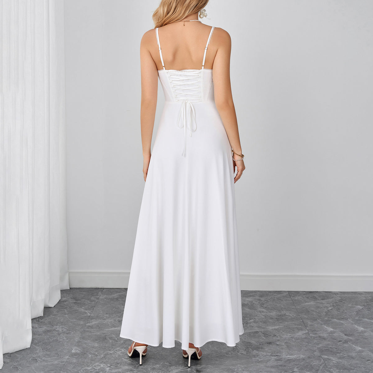 Lace Trim Corset Spaghetti Strap Flowy Maxi Dress