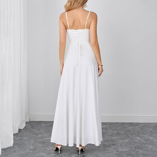 Lace Trim Corset Spaghetti Strap Flowy Maxi Dress