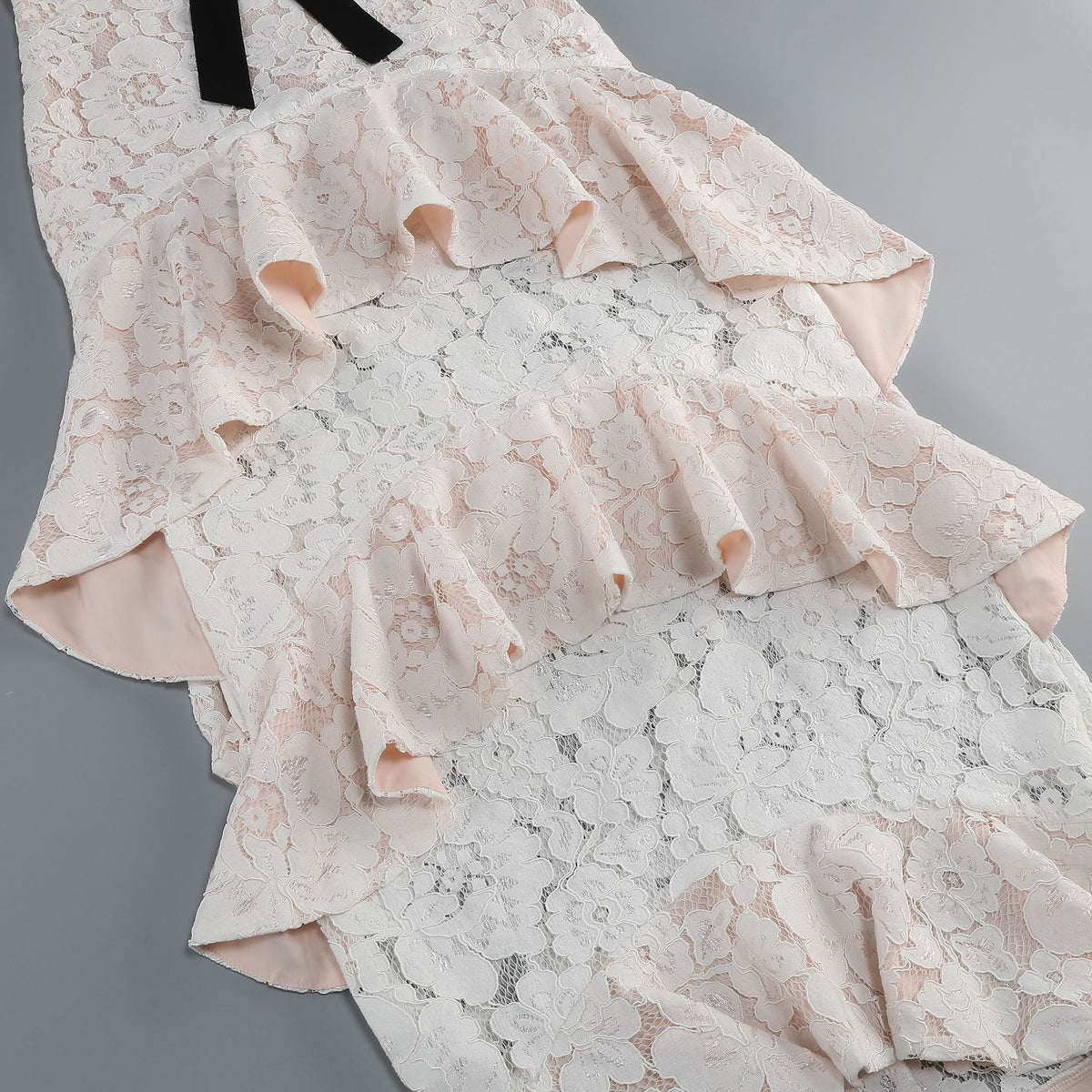 Pale Pink Floral Lace Tiered Halter Gown