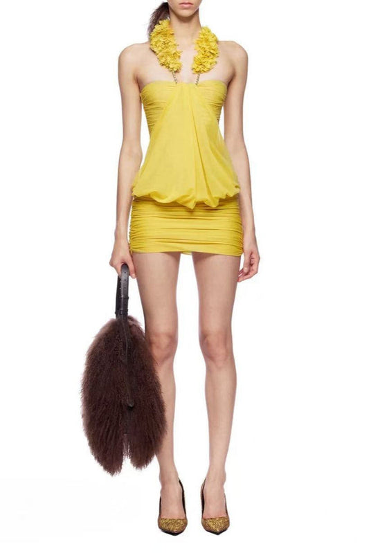 simona Floral chain halter pleated mini dress - yellow