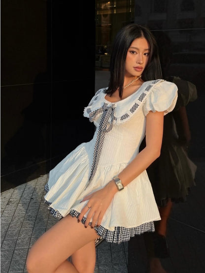 alisa floral printed lace trim mini dress in white