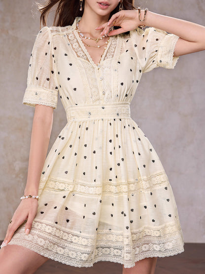 Polka dot V-neck a-line mini dress in apricot