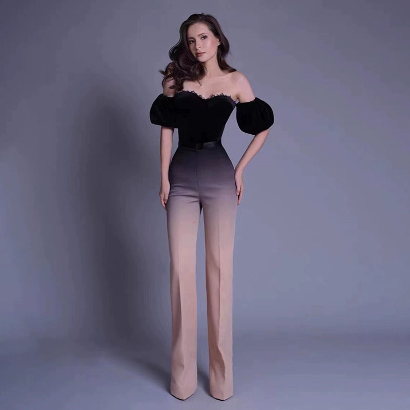velvet tube top high waist trousers suit