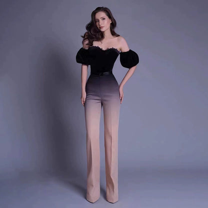 velvet tube top high waist trousers suit
