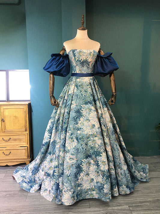 Unique A line satin prom dress