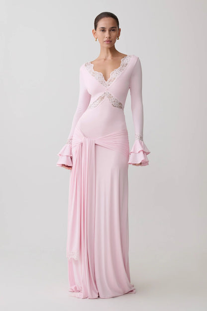 Lace Trim Flare Sleeve Draped Maxi Dress