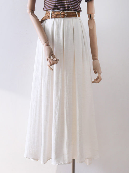 High Waist Pleated Linen Blend Midi Swing Skirt
