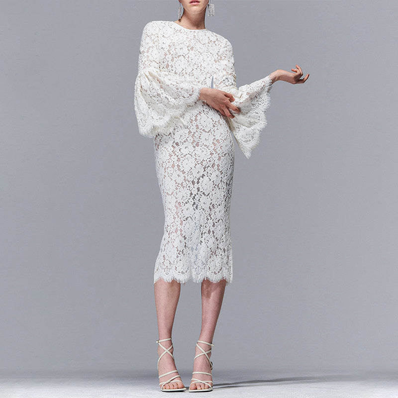white lace hollow midi dress