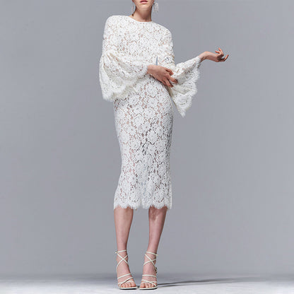 white lace hollow midi dress