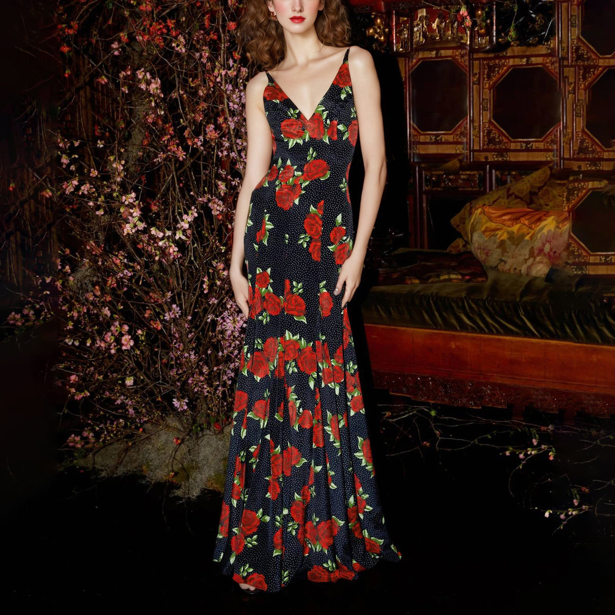 black red rose print slip mermaid dress