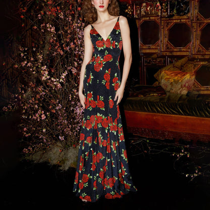 black red rose print slip mermaid dress