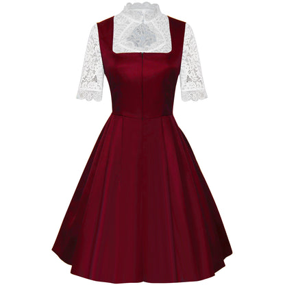 burgundy satin-finish polyester or taffeta fit-and-flare dirndl dress set