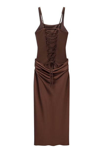 Dark Brown Satin Fitted Column Evening Gown with Draped Hip