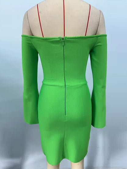 cara Off-shoulder long-sleeve diamond bodycon mini dress in green