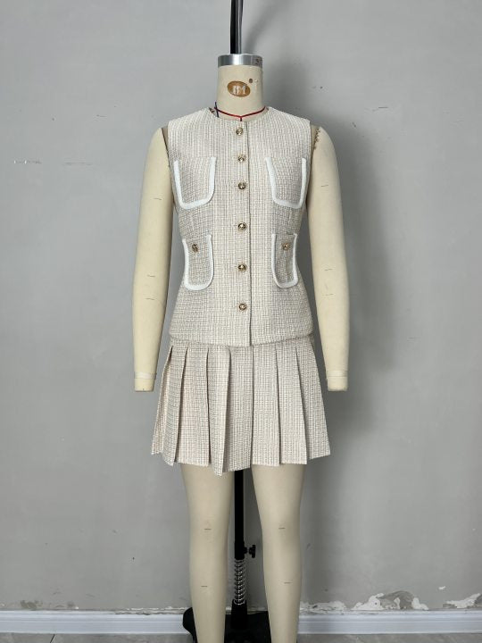 Cream Tweed Round Neck Sleeveless Contrast Trim Vest &amp; Pleated Mini Skirt Two-Piece Set