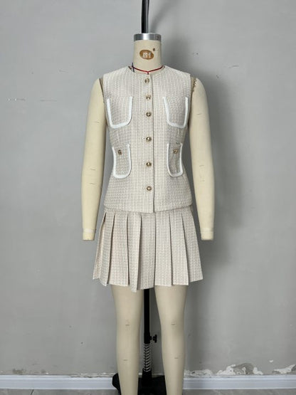 Cream Tweed Round Neck Sleeveless Contrast Trim Vest &amp; Pleated Mini Skirt Two-Piece Set