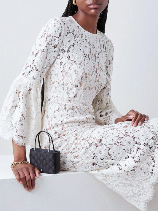 white lace hollow midi dress