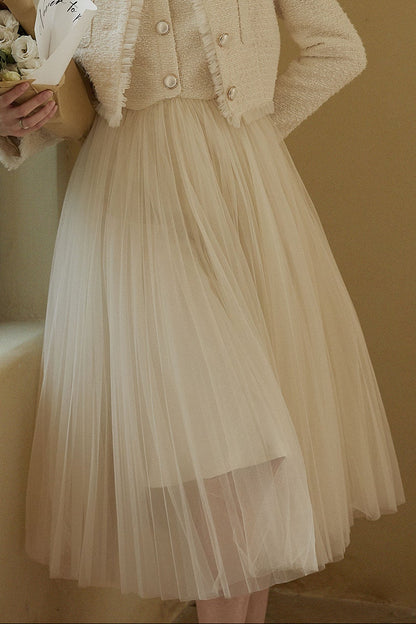 Beige Sleeveless Tulle Midi Dress